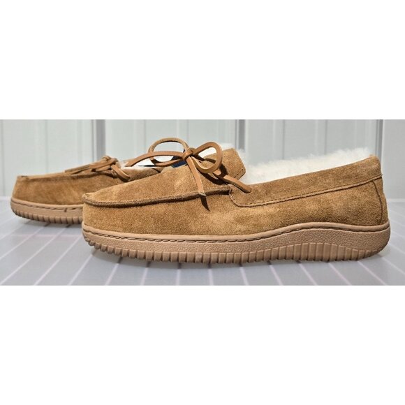 Dluxe Dearfoams Brown Suede Moccasin Slippers w/ Shearling Lining - Men's Size 7 - Picture 2 of 6